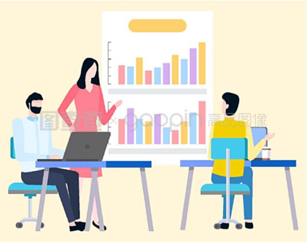 男女經(jīng)紀(jì)人分析交易并討論商業(yè)圖表上的銷(xiāo)售統(tǒng)計(jì)數(shù)據(jù)。矢量卡通人物和圖表。